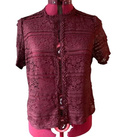 LUSH - burgundy Sheer Lace embroidery top - Short sleeves - high neck - large - Picture 4 of 11